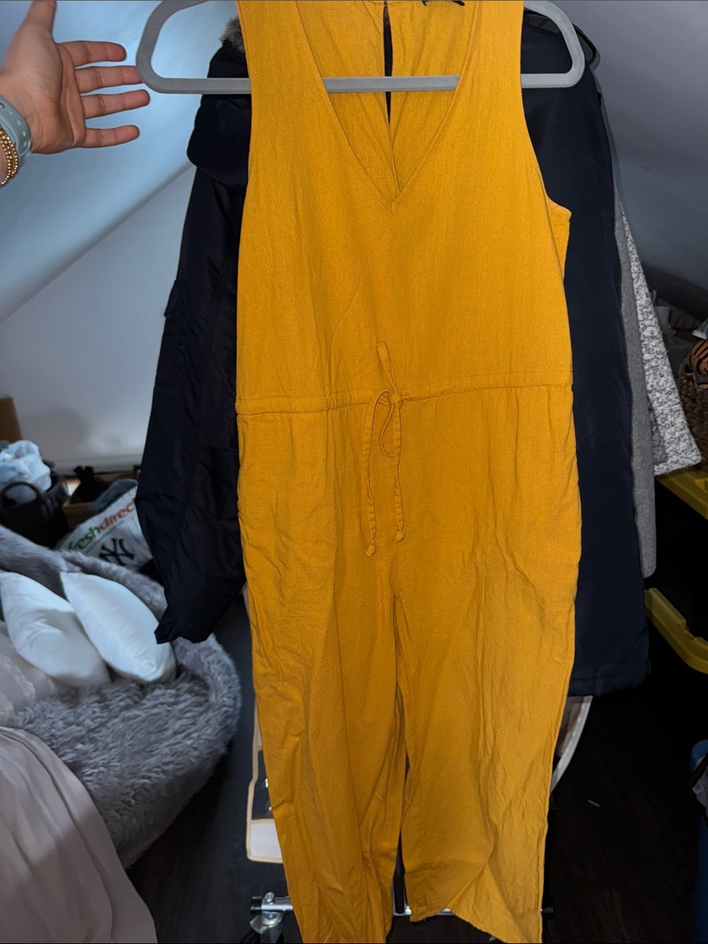 DREW Sleeveless Mustard Jumpsuit with Drawstring Waist